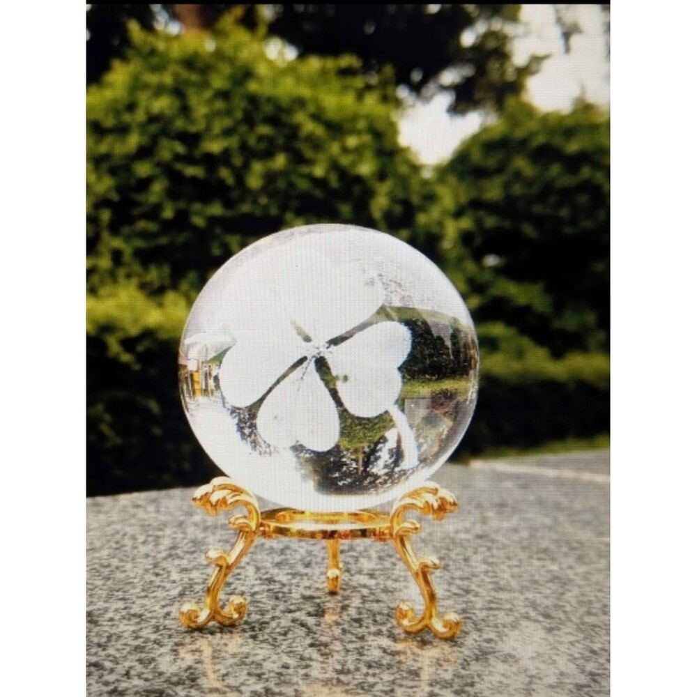 New In Box Miniature Glass Shamrock Gazing 3" Ball Laser Engraved With Stand